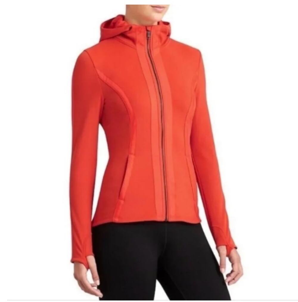 Athleta Verbier Full Zip Hooded Jacket Sz XS Red Orange Fleece Lined Softshell
